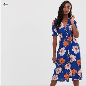 Blue floral midi dress with shirred sleeves- ASOS